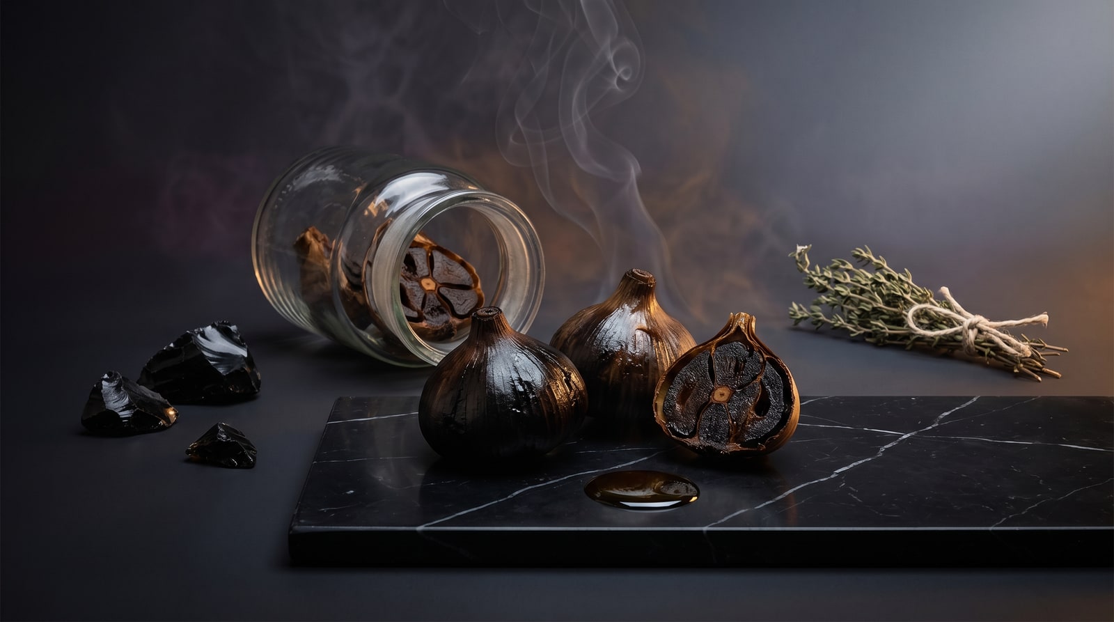 Aged black garlic still life — apothecary scene